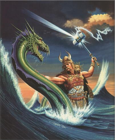 Тор сражается со змеем Ёрмунгандом